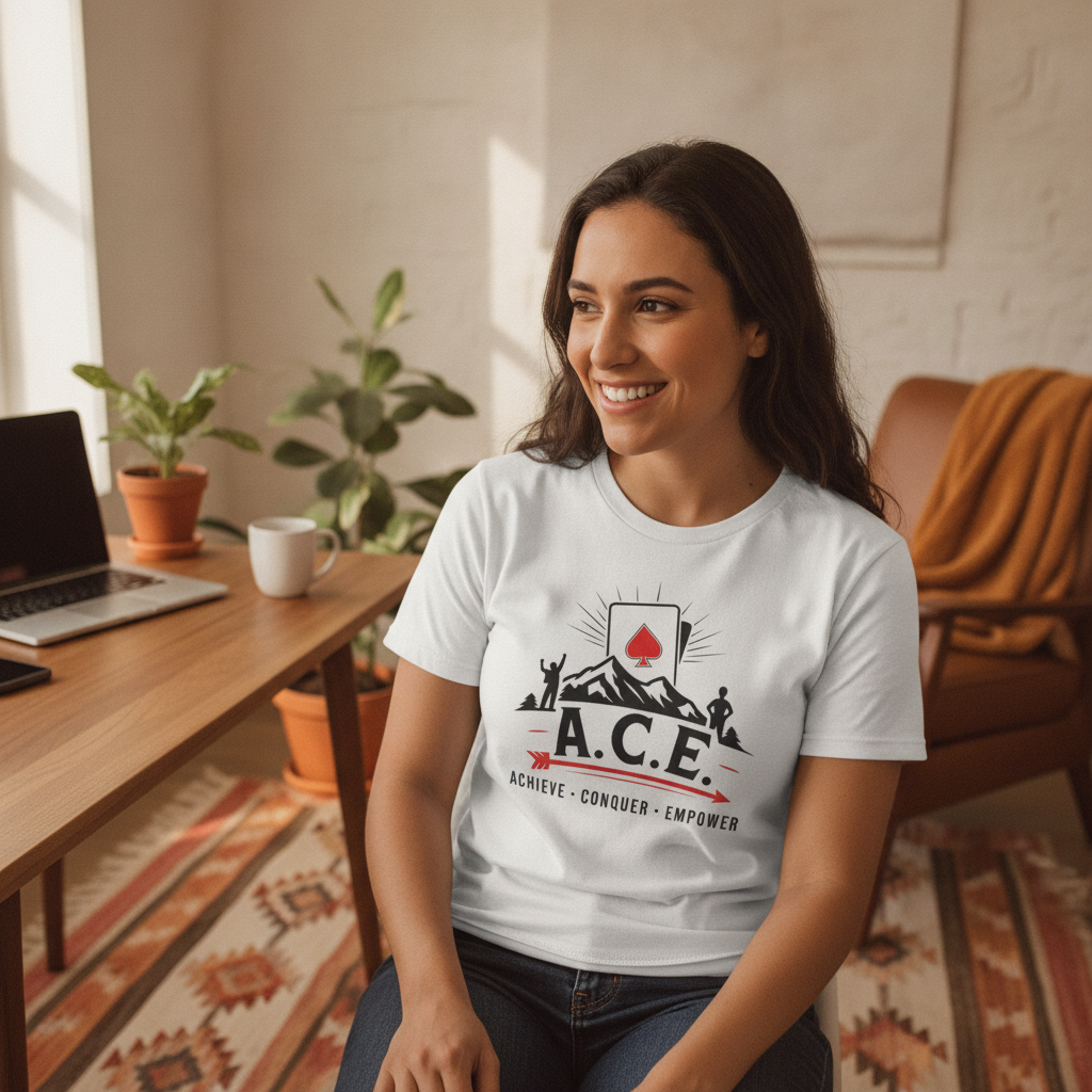 A person with a warm smile wears a white Ace Tee in a home office setting, with terracotta and amber decor in the background.