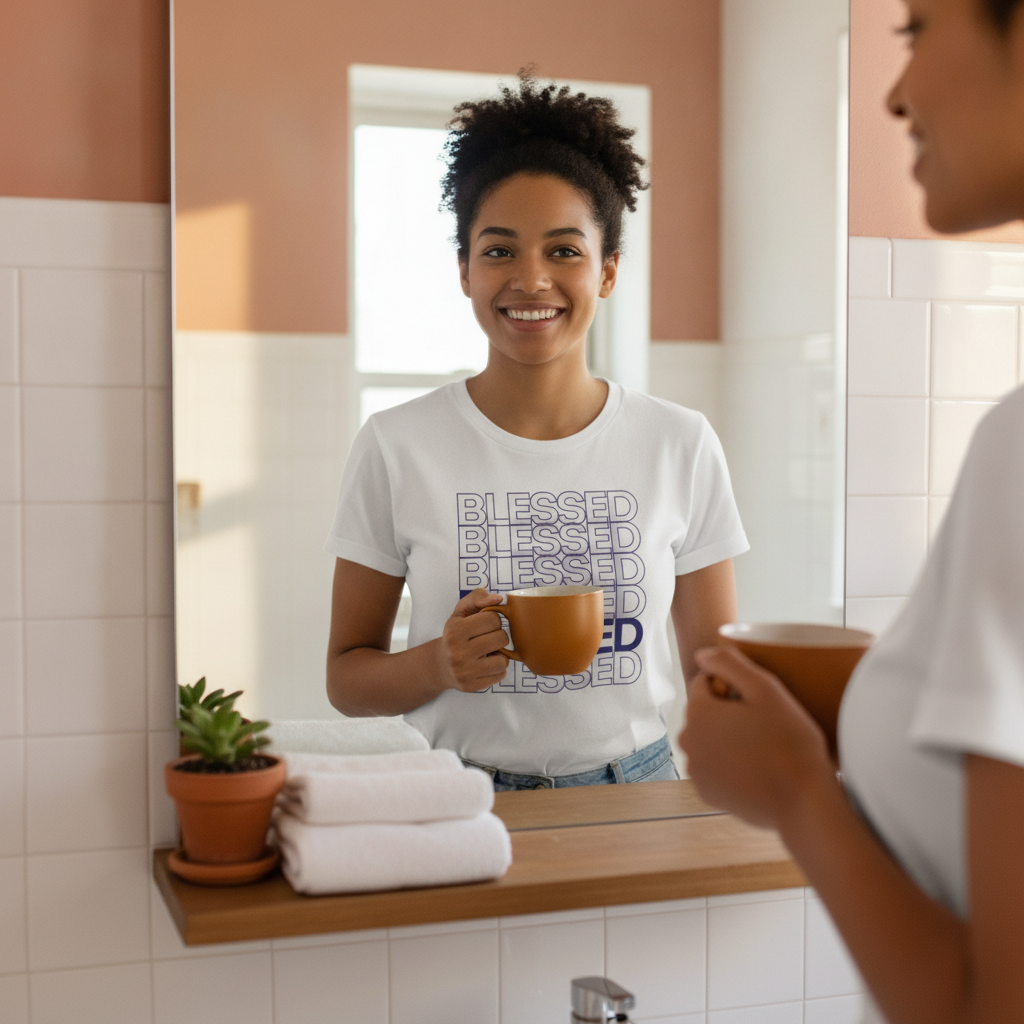 A diverse woman smiles at her reflection in a bathroom mirror, wearing a white "Blessed" t-shirt and holding a warm amber cof