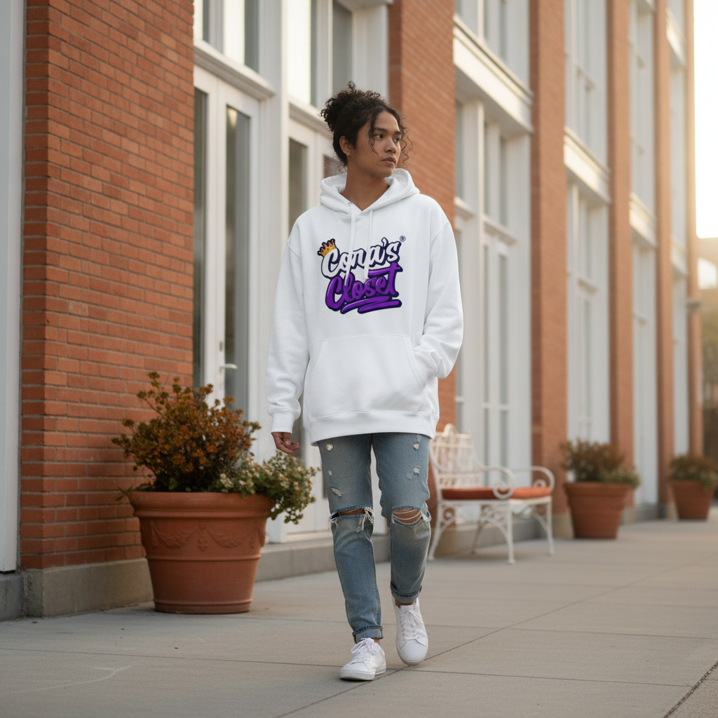 Person wearing a grey Logo Hoodie with a comfortable, oversized shape, walking on a city street in natural light.