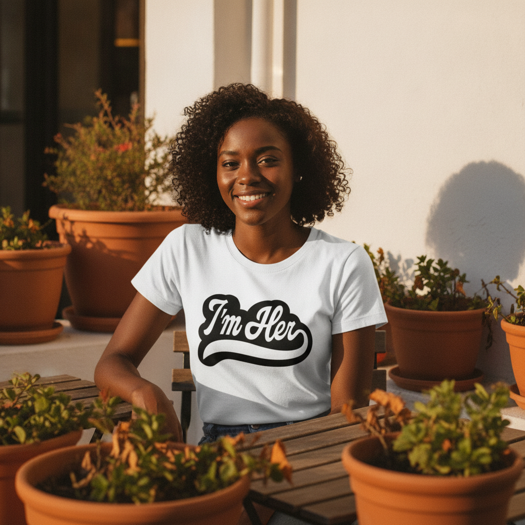 A young Black woman in a white 'I'm Her' t-shirt smiles confidently at an outdoor cafe with terracotta planters.