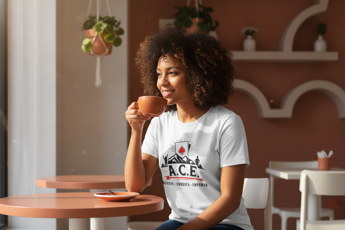 Person wearing a white Ace Tee in a terracotta-colored cafe, sipping coffee in warm amber light.
